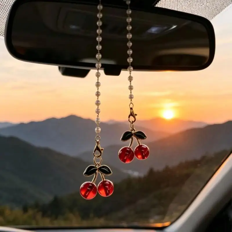 Car Rearview Mirror Cherry Pendant 1Pcs Adorable Hanging Auto Interior Decor Ornament Sweet Gift for Women Friends