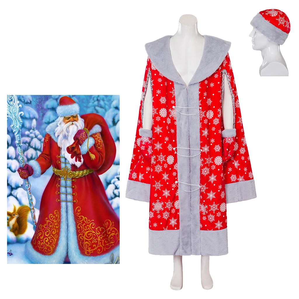 Russia Santa Cosplay Christmas Santa Claus Costume Robe And Hat St. Nicolas Red Long Robe  Christmas Dress For Adult