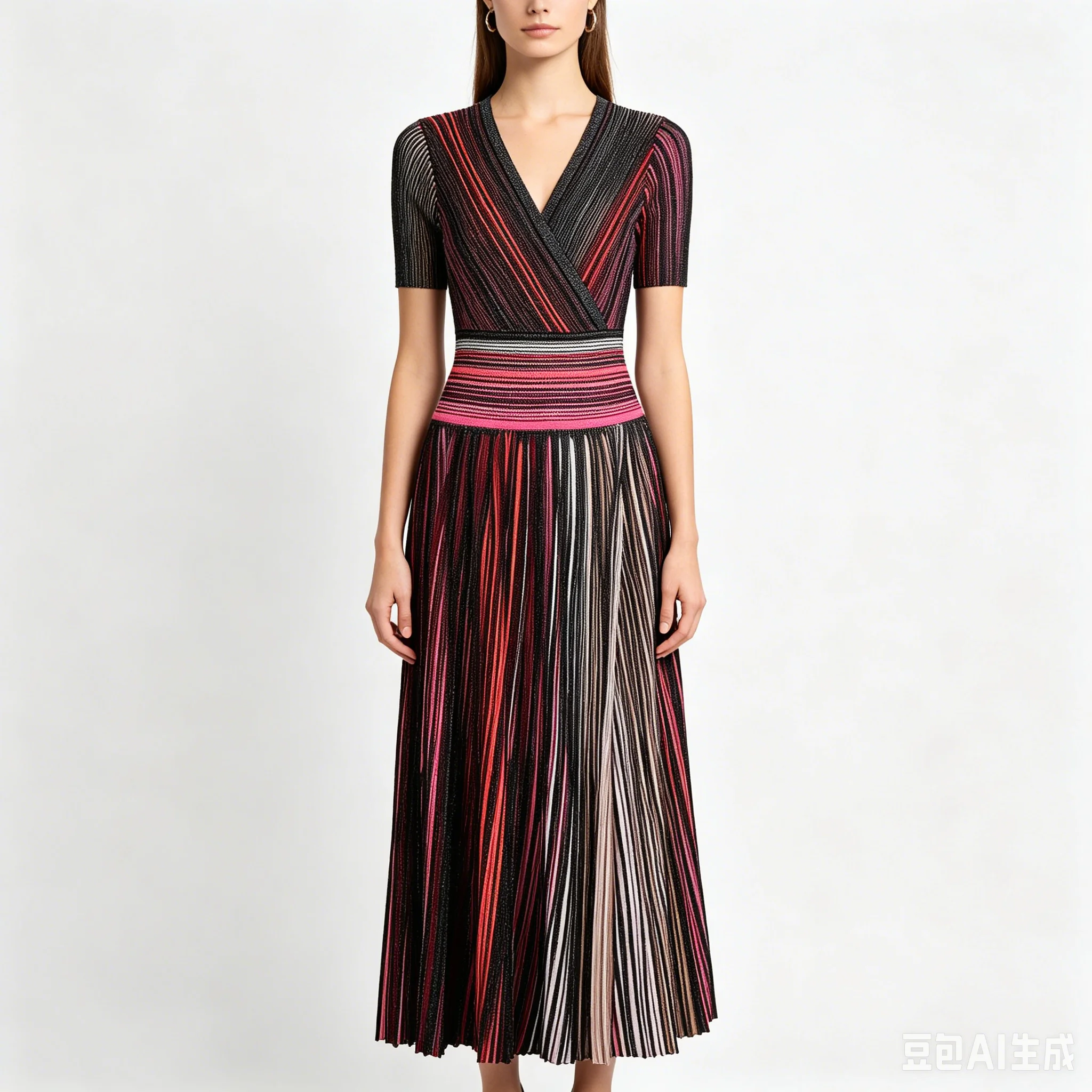 High Quality Summer New Socialite Elastic Knitted Colorful Striped Slim Fit Short Sleeved Slit Temperament Women's Dress