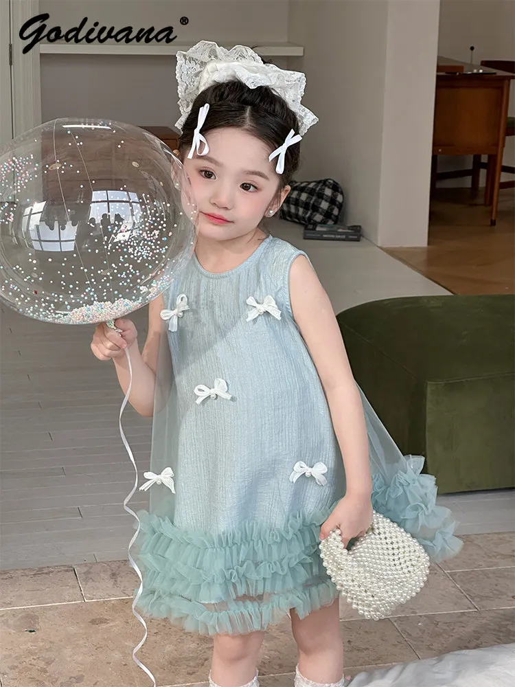 Sweet and Cute Baby Girls 2026 Summer New Princess Dress Childrens Fashion Bow Mesh Patchwork Sleeveless O-neck Short Sundress