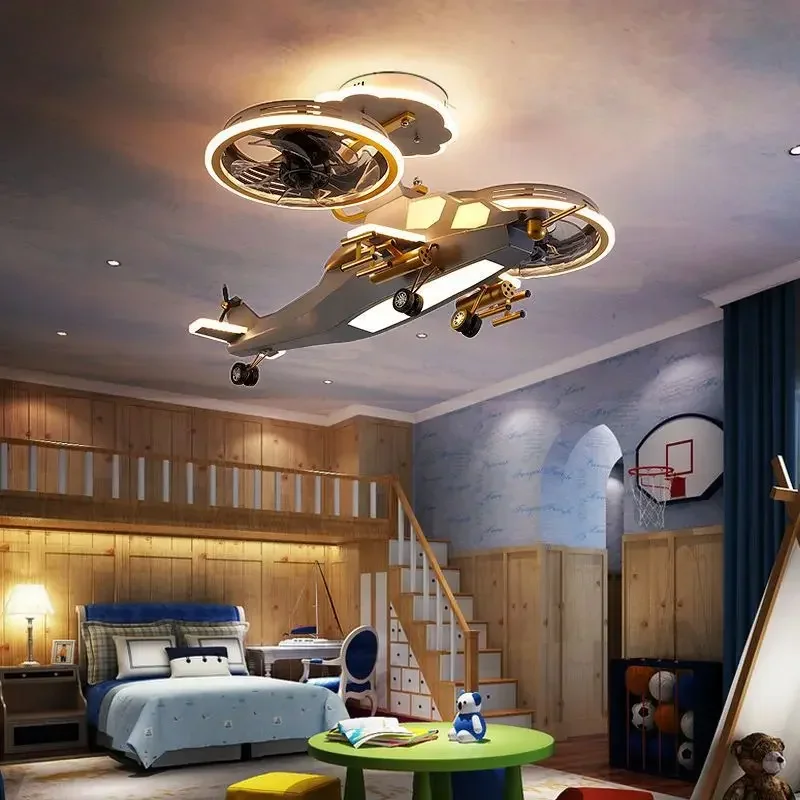 Creative bedroom electric ceiling fan lights, children's fan lights, cartoon airplane modern living room lights