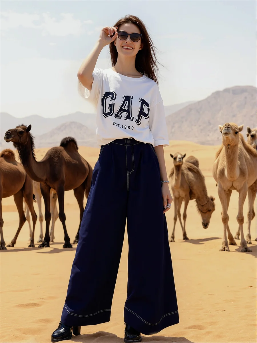 Baggy Wide Leg Denim Jeans Women Micro Elastic Casual Trousers Patchwork Fashionable Vintage Boyfriend Style High Waisted Street