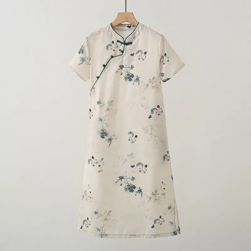 Ele New Chinese Sle Silk  Printed Dr Stand Collar Qipao Summer 2024 ort Sve Slim Fit Busin Casual Dr