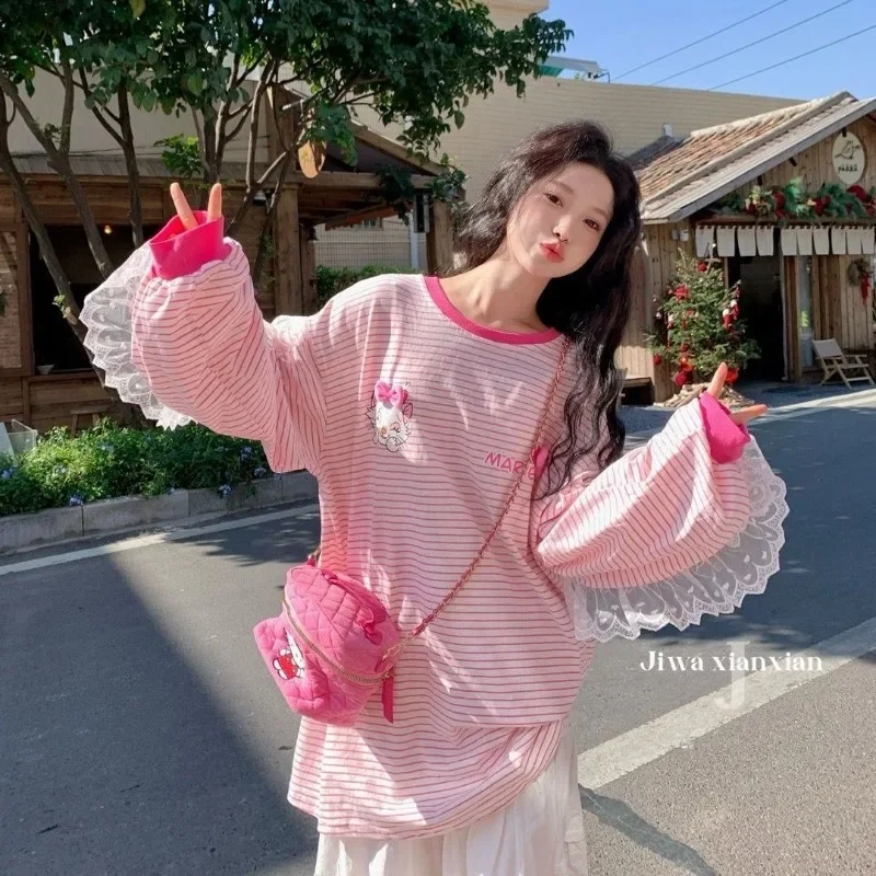 

Sweet Lace Striped Long Sleeved T-shirt Women Spring Summer New Loose Round Neck Charmmy Kitty Printed Lace Patchwork Pink Top