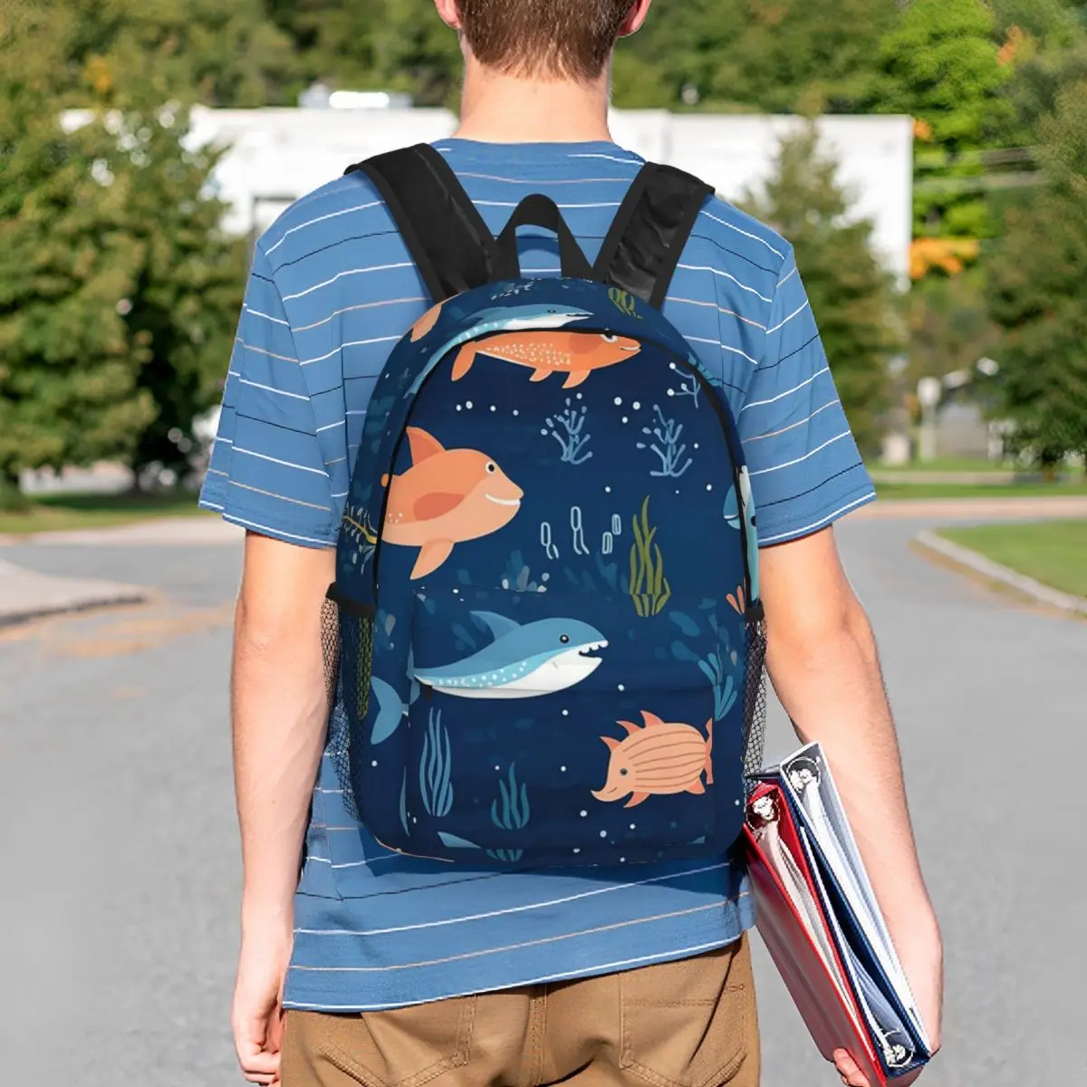 Cartoon Fish Shark And Aquatic Plants Backpack Student BookBag Kids School Bag Laptop Shoulder Bags for Boys Girls