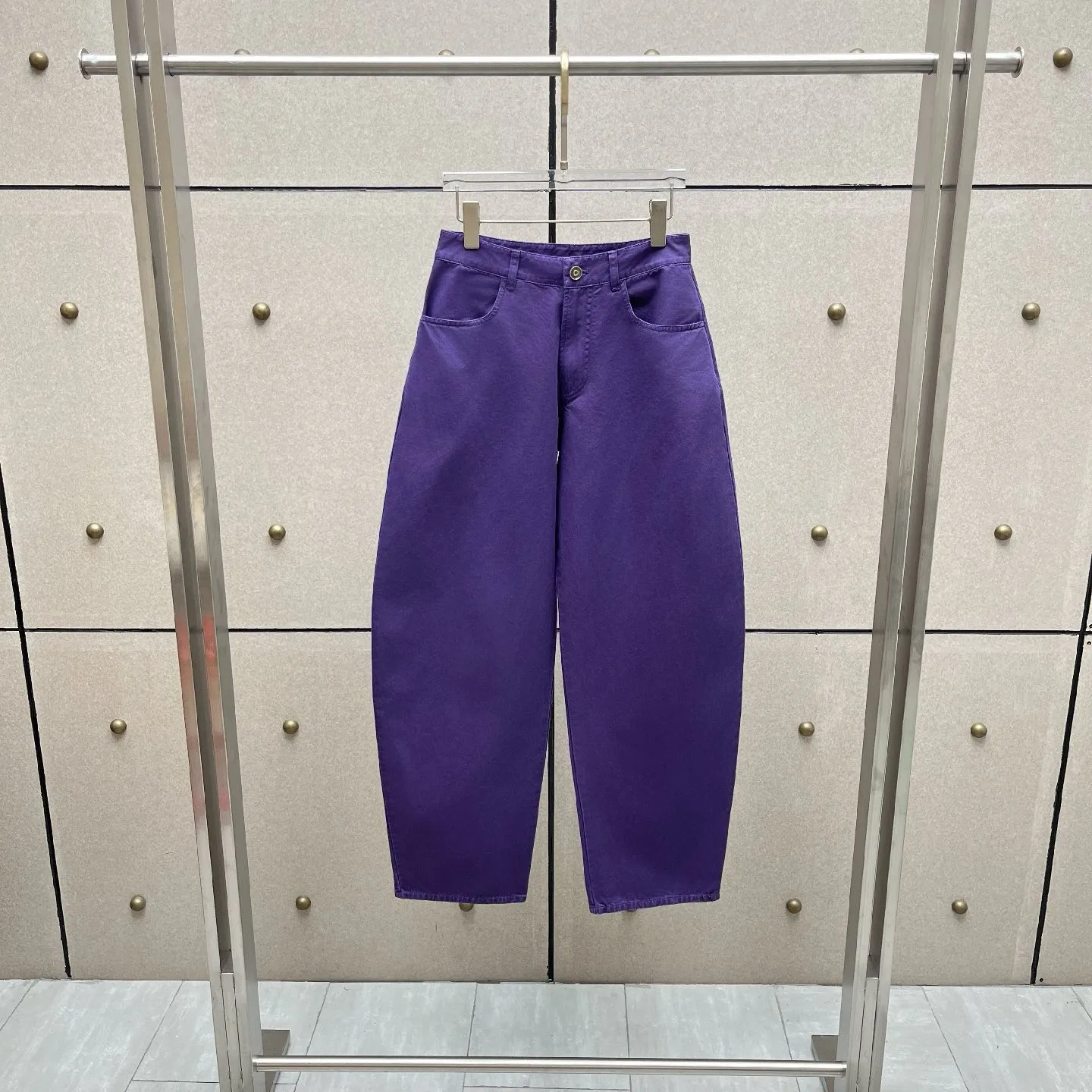2026 Bold Purple High-Waisted Tapered Jeans – Vintage Wash Wide-Leg Denim Pants with Classic 5-Pocket Design