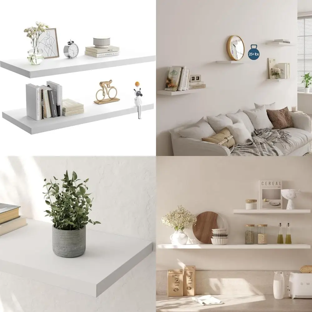 

Pair of White 36W x 10D x 1H Wooden Floating Shelves with Hidden Brackets for Home Storage & Decor