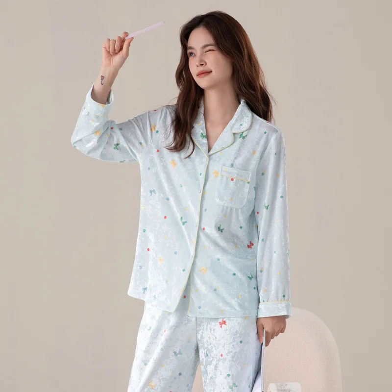 Velvet sleepwear women's autumn and winter long sleeved long pants two-piece set sweet butterfly soft and comfortable warm