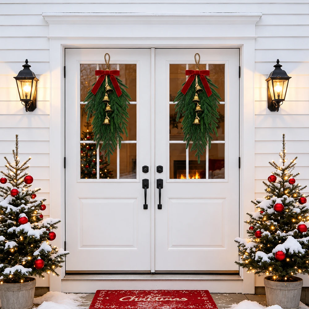 20 Zoll künstliche Weihnachts-Hängedekoration mit roter Samtschleife und Glöckchen, künstliche Kieferngrün für Weihnachtstür, Heimdekoration, Feiertagsdekoration, Navidad-Dekor – Detail 6