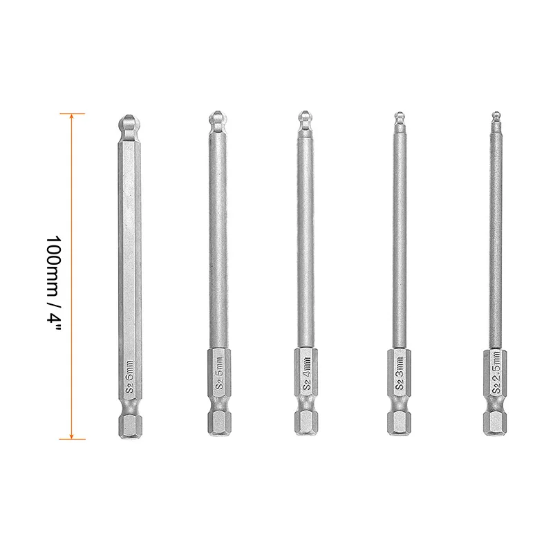 Juego de brocas hexagonales H2.5/H3/H4/H5/H6, juego de brocas de destornillador hexagonal de extremo de bola, brocas de destornillador magnético de 1/4 ", 5 piezas