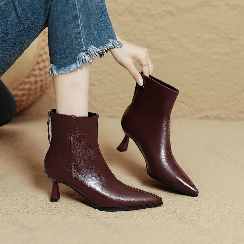 Women Ankle Boots Retro Zipper Pointed Toe Genuine Leather Shoes 2025 Autumn Winter New High Quality Short Boots Botas De Mujer