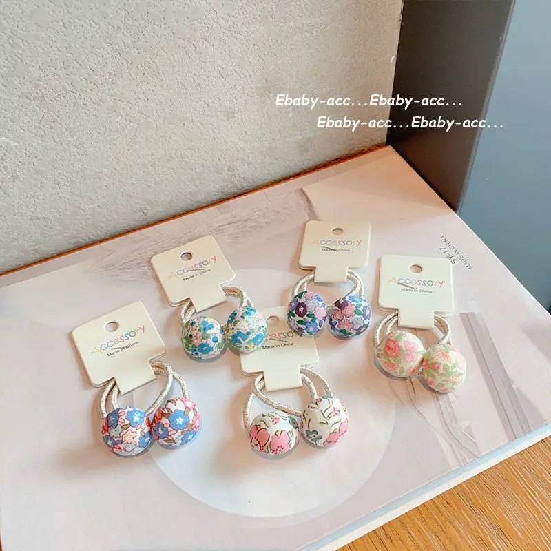 Hair Ties Kids Cute Colorful Floral Pom Pom Elastic Ponytail Holders Soft Fabric Gentle on Hair for Girls Daily Party Travel