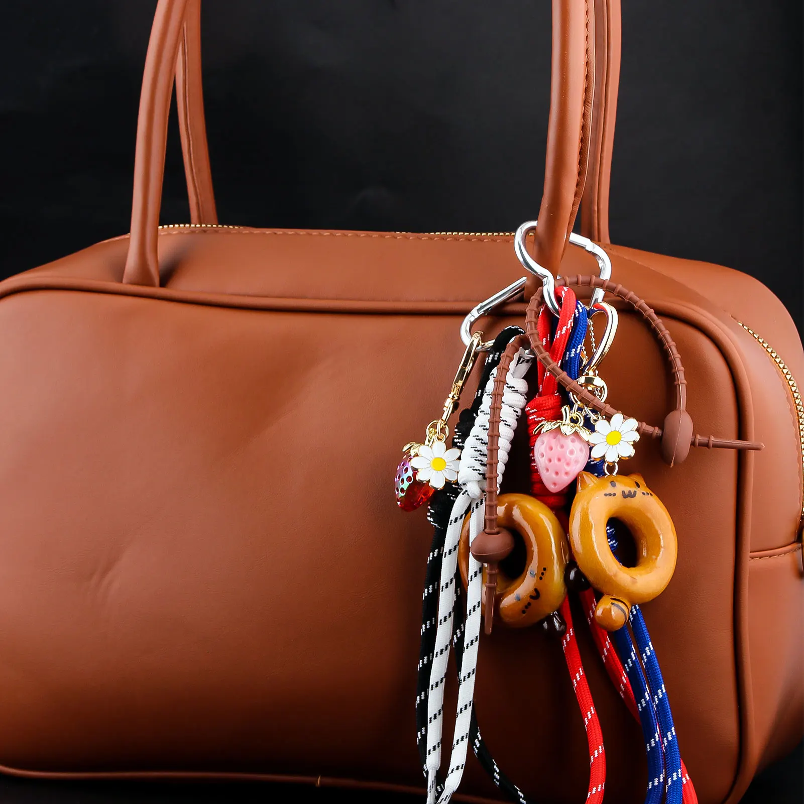 All Seasons Cute Alkaline Bread Bag Charms Girl Korean INS Strawberry Flowers Bag Pendant Climbing Rope Keychain Decorative Gift