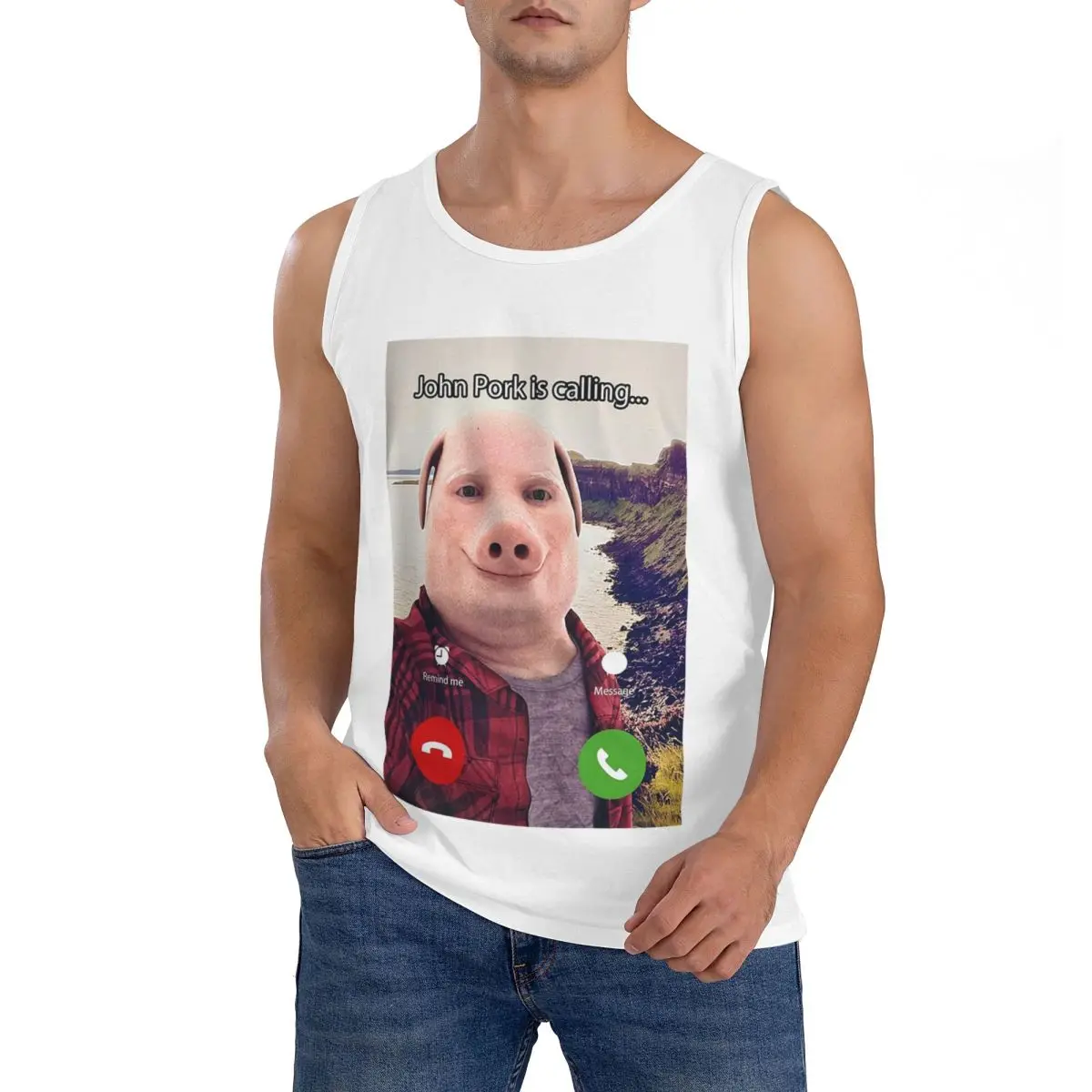 100% Cotton John Pork Is Calling Answer Call Phone Sleeveless T-Shirt Men Workout Sports Clothing Tops Men's Crew Neck Vest