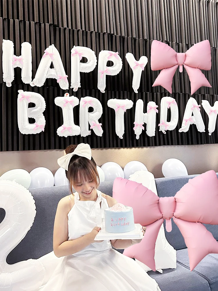35/37 pcs White Happy Birthday banner balloons and light pink bow balloons, pink ribbon bow, princess birthday