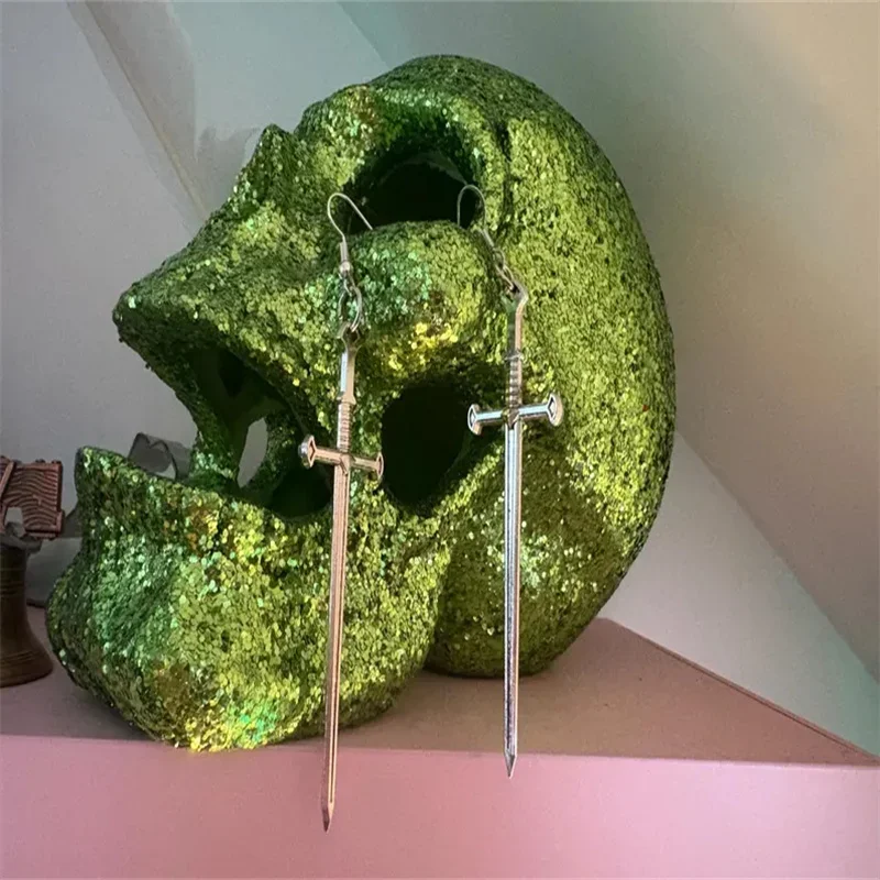 Gothic Long Sword Earrings For Women Man Fashion Cool Punk Rock Party Jewelry Accessories Gift Fantasy Cross Sword Ear Hooks