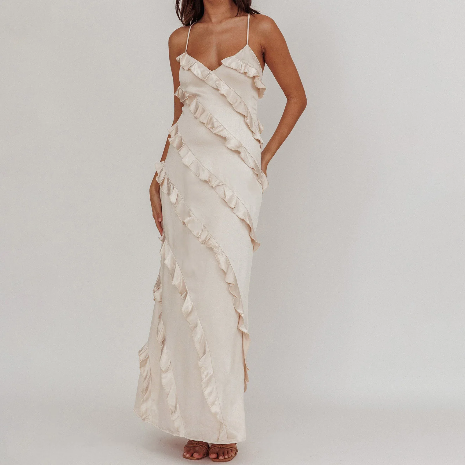 Nieuwe Mode Dames Zomer Lange Cami Jurk Mouwloos Cross Back Ruche Trim Spaghetti Jurk Hot Koop S M L