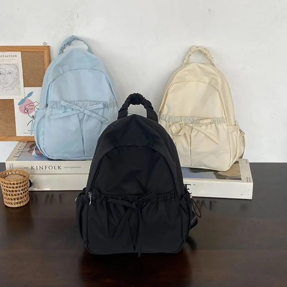 

Casual Handbag Bow Backpack Solid Color Wrinkle Nylon Backpack Korean Style School Bag Shoulders Bag Outdoor