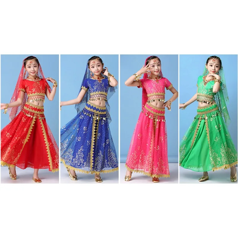 

Детский костюм для танца живота, Детский костюм для индийских танцев, новый костюм для индийских танцев для девочек, длинная юбка