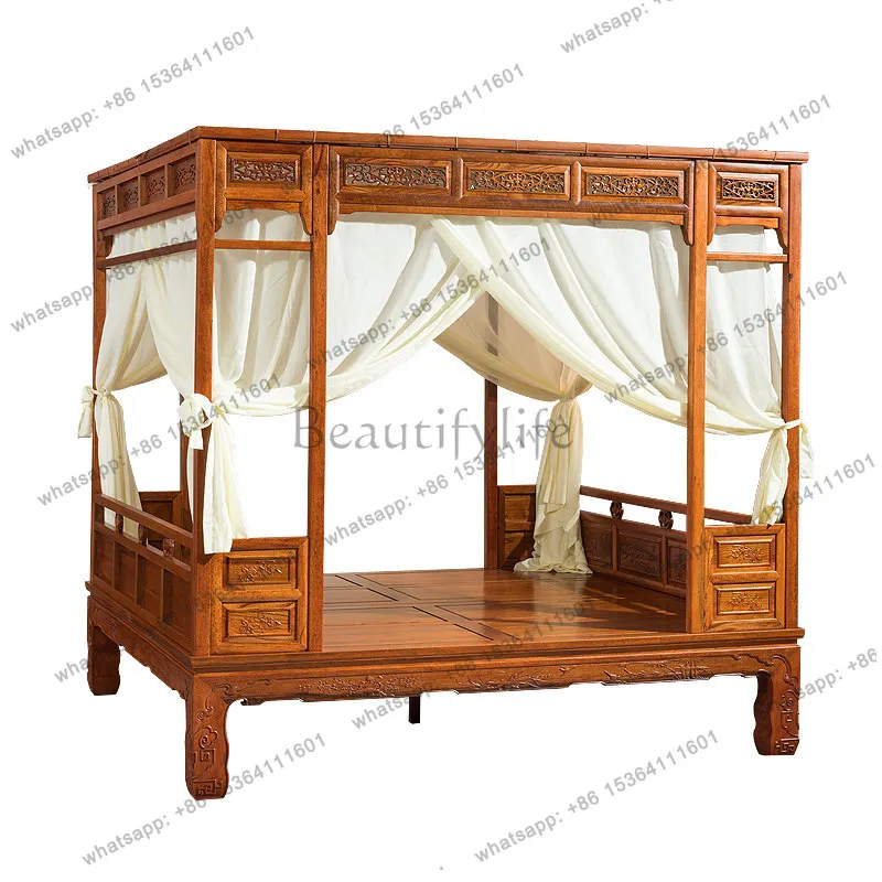 Antique solid wood Chinese furniture double bed pedal type classical carved shelf bed