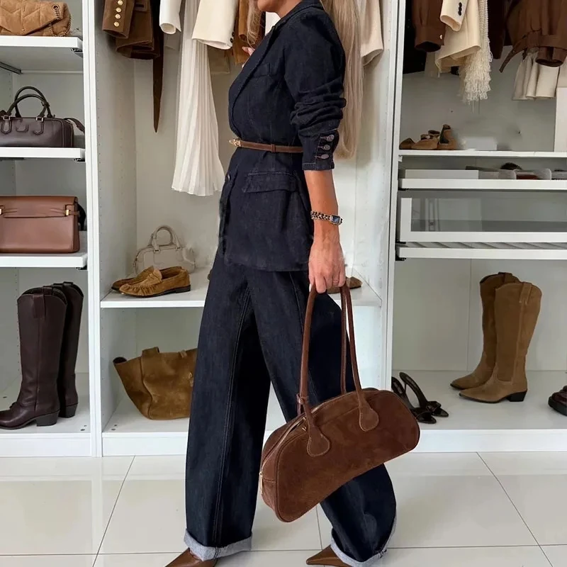 

Elegant V-neck Button Suits Outfits Temperament Women Solid Color 2 Piece Vintage Casual Lapel Long Sleeve Denim Coat&Pants Sets