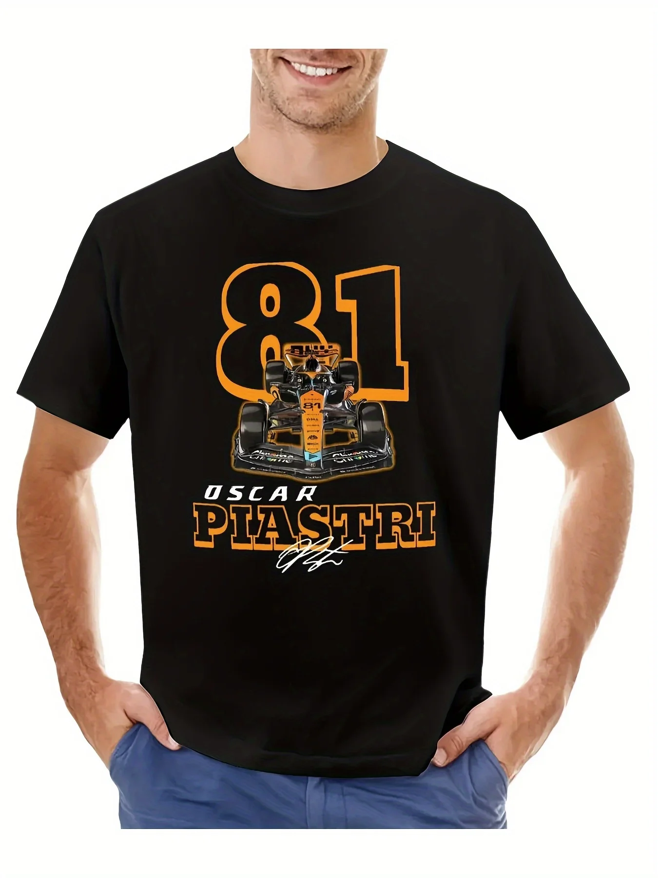1 шт. Мужская футболка Oscar Piastri Racing Car с рисунком — черная футболка с круглым вырезом из 100% хлопка с 81 и фирменным дизайном, геометрический пэт 1 шт. Мужская футболка Oscar Piastri Racing Car с рисунком — черная футболка с круглым вырезом из 100% хлопка с 81 и фирменным дизайном, геометрический пэт