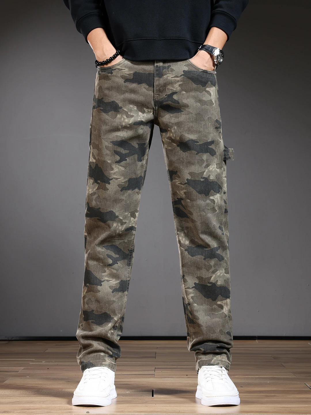 

High-End Retro Camouflage Workwear Jeans Men's Slim Straight Casual Versatile Long Pants Spring Autumn Cotton Stretch Denim