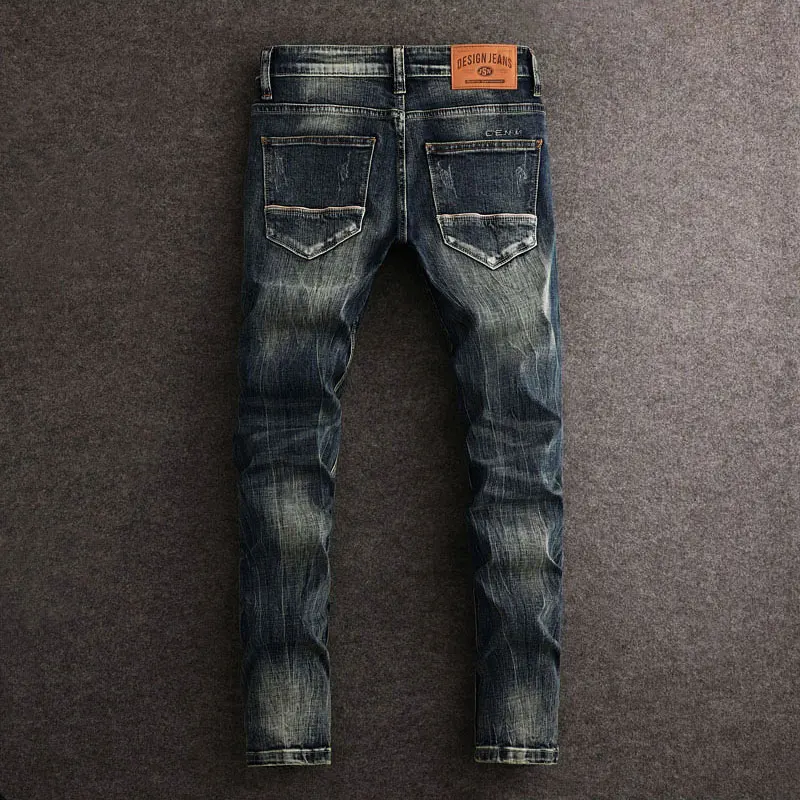 Fashion Vintage Men Jeans High Quality Retro Black Blue Stretch Slim Fit Ripped Jeans Men Embroidery Designer Trendy Denim Pants