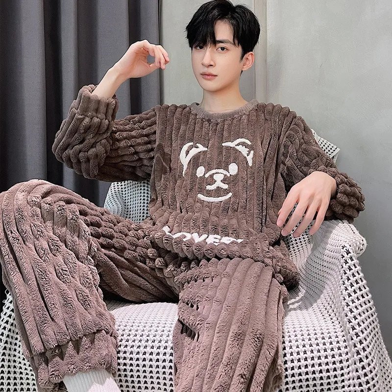 

Striped Bear Fall and Winter Pajamas Flannel Thickened Men Fashion Coral Fleece Loungewear Warm Sleepwear for 2 Piece Set Large
