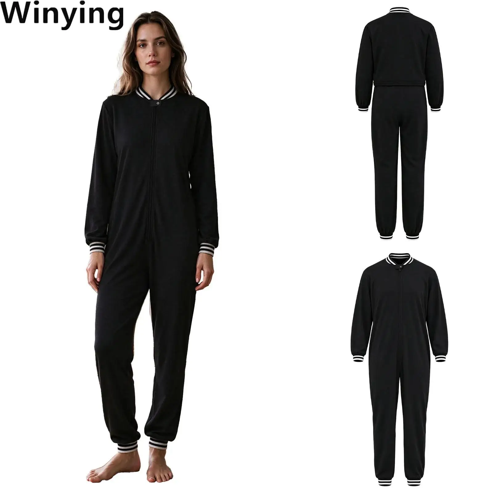 Adults Elderly Adaptive Jumpsuit Striped Collar Cuffs Legs Long Sleeve Anti-strip Bodysuit with Front Side Back Waist Zipper
