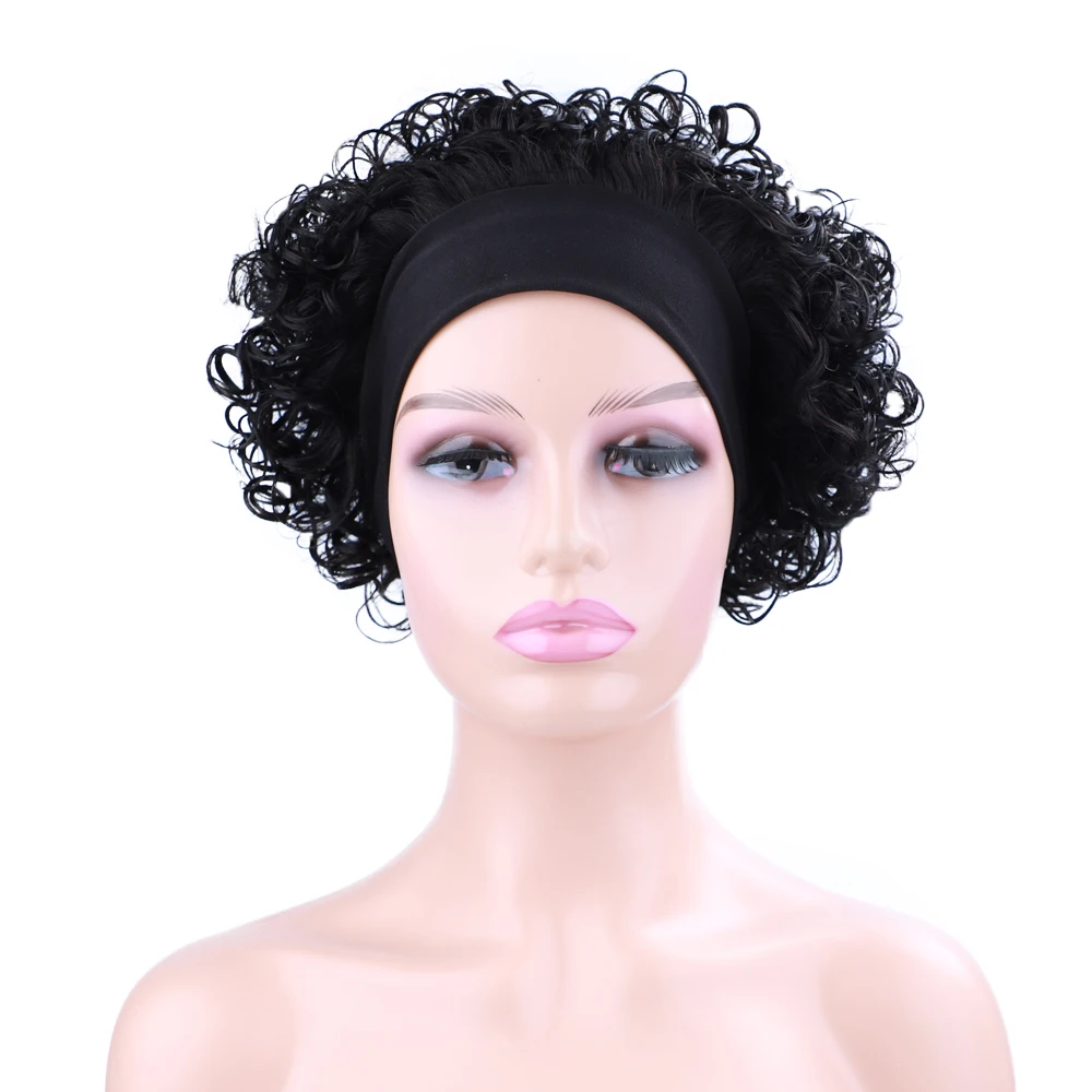 Black Afro Curly Human Hair Blend Wigs for Black Women Short Curly Afro Headband Wigs with Combs Black Brown Blonde Hair Wigs