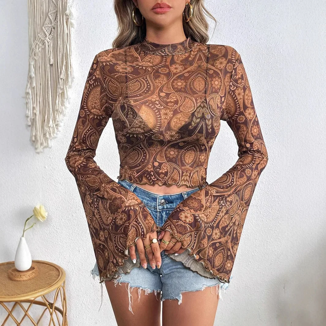 

2025 Fall Winter Women Round Neck Long Sleeve Blouse Flare Sleeve Mesh Print Tops Casual Party Fashion Tee Shirt