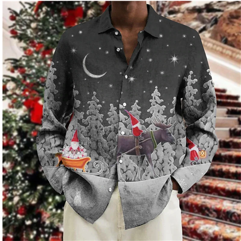 2023 Christmas Gift Top Decoration New Long Sleeve Shirt Party Gold Snowflake New Year Christmas Holiday Button Shirt s-6xl