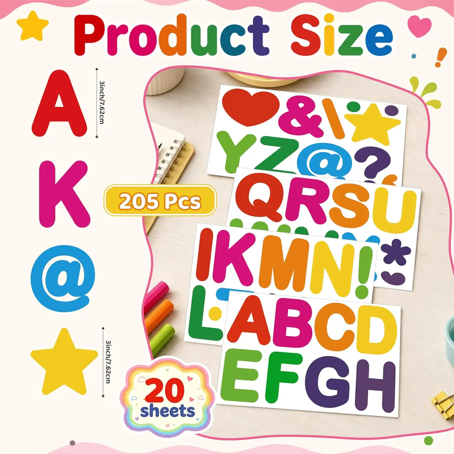 205Pcs 3 Inch Bulletin Board Letters,20 Sheets Waterproof Vinyl Self-Adhesive Letters for Poster Board, Classroom, Mailbox