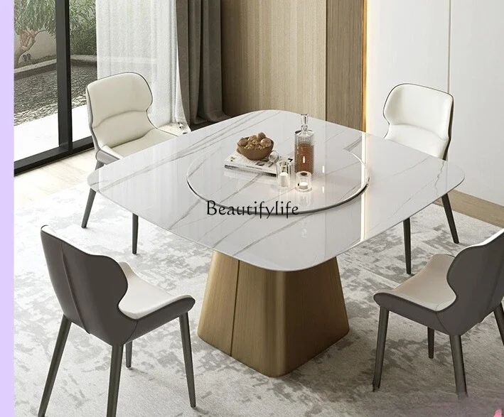 Z.Imported bright rock slab dining table Italian light luxury household  with turntable minimalist square dining table