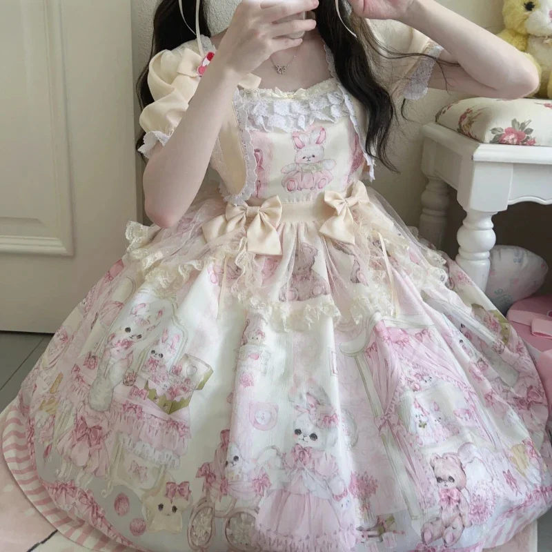 Kawaii Rabbit Bear Wardrobe Lolita Dress Women Cute Lace Mesh Ruffles Bunny Print Princess Dresses Girls Sweet Tea Party Dress