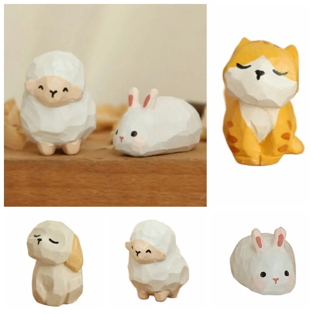 Cartoon Characters Wooden Carving Cat Ornament Sheep Dog Animals Ornament Doll Cute Small Rabbit Model Kids