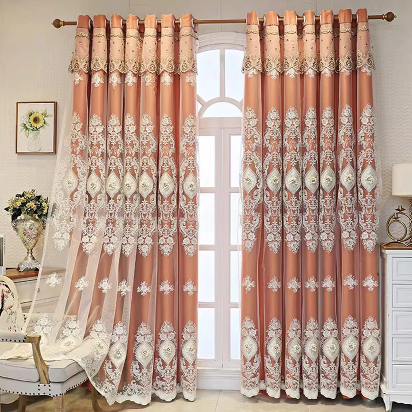 Luxuriöse Vorhänge im Europäischen Stil, Maßgefertigte Bestickte Transparente Gardinen, Wohnzimmer Schlafzimmer Fensterdekoration, Bodenlange Vorhänge