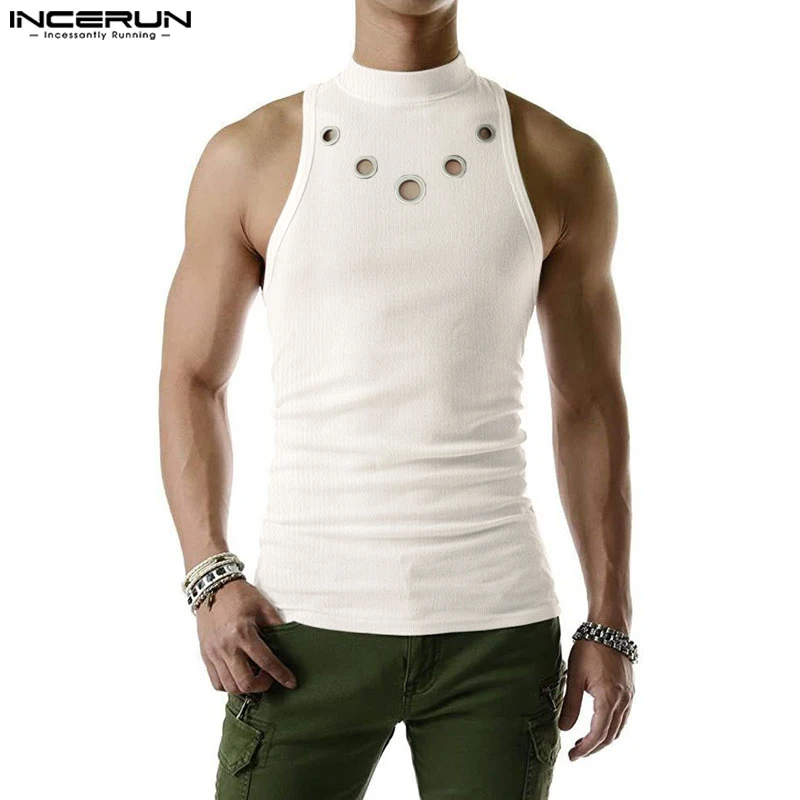 INCERUN Fashion Men Tank Tops Hollow Out Solid Turtleneck Sleeveless Male Vests Streetwear Summer 2023 Casual Men Clothing S-5XL