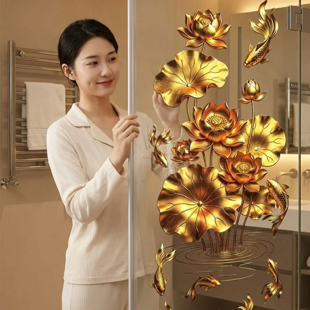 Anti-static Flower Koi Sticker 3D Effect Plastic Glass Door Sticker Chinese Style Decorative Sticker