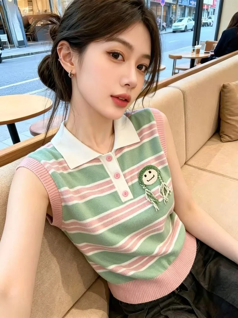 

Loose Korean Style Women's Knitted Neck Top Sleeveless Stripe Pattern Summer Anti-Aging Self-Preserving Fashion
