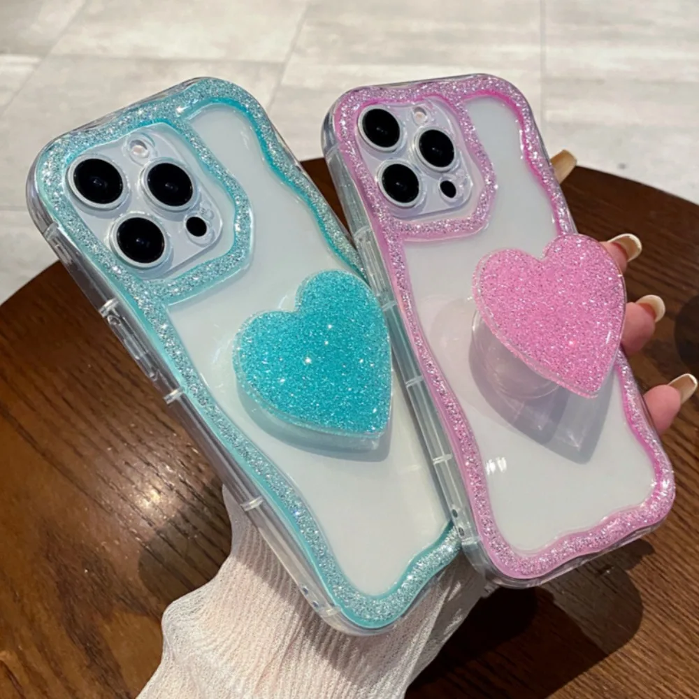

Pop Glitter Diamond Heart Holder Phone Case For IPhone 16 15 14 13 12 11 Pro Max Plus Cute 3D Love Heart Bracket Shockproof Cove
