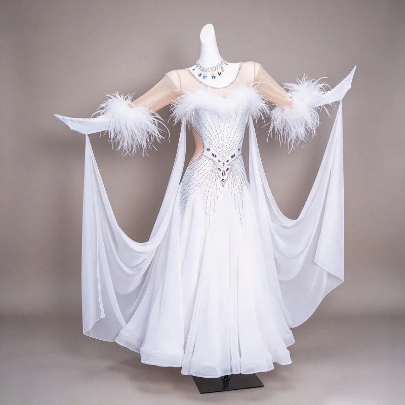 Advanced Ballroom Competition Dance Dresses New Style White Shine Ballroom Dance Dress Standard Modern Waltz Dancing Skirt