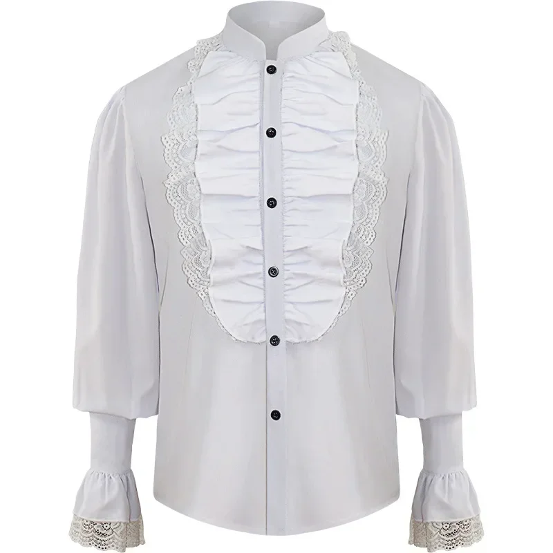 

Medieval Retro Style Men's Shirt With Neckline Cuff Folds Long Sleeves Top