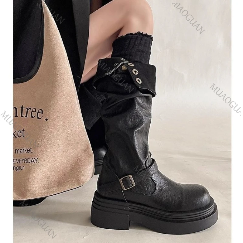 Women's Korean-style Knee-high Boots, Synthetic Leather, Platform And Thick Heel, Motorcycle Style_voghion.com