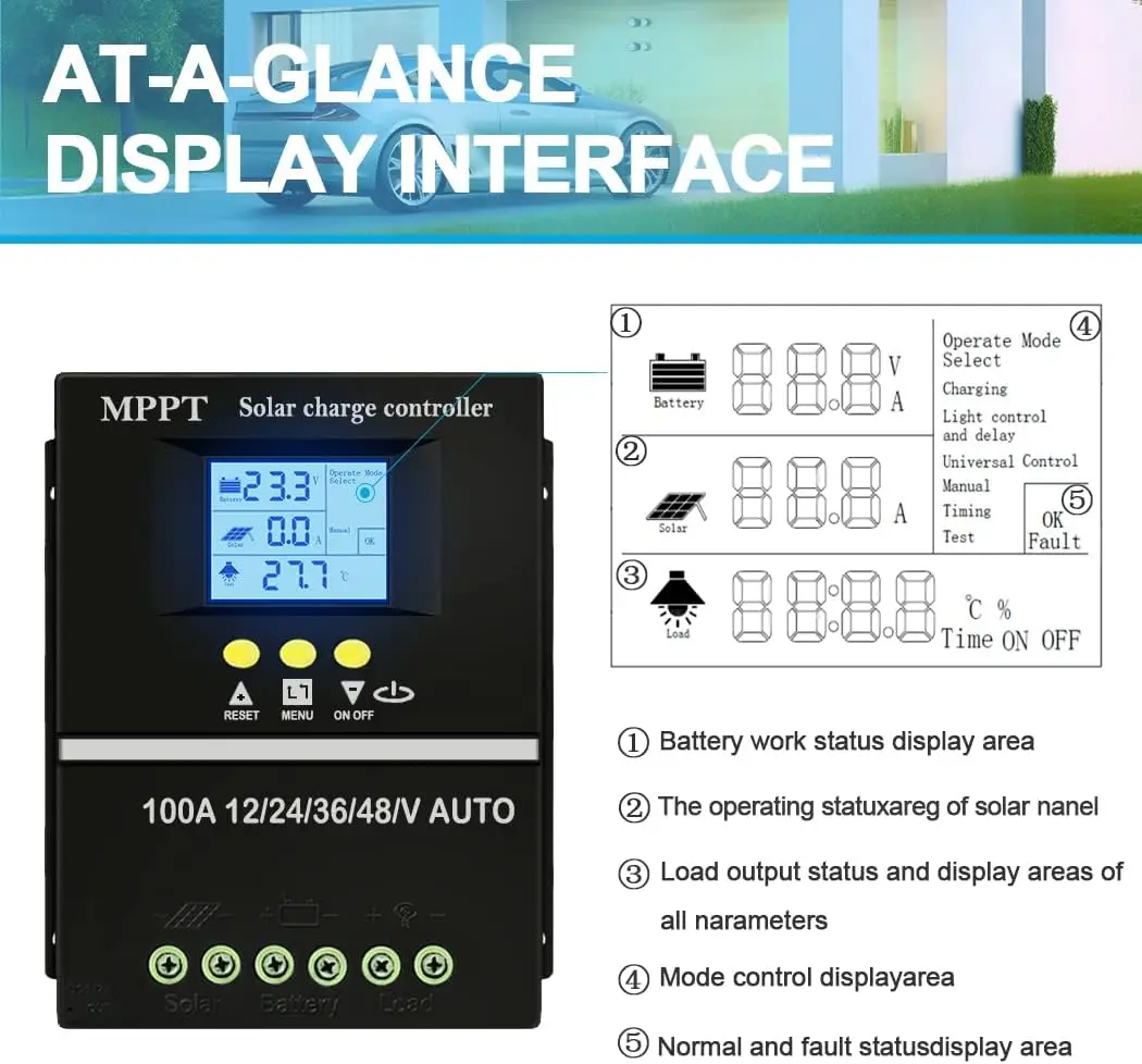 Imagem -04 - Controlador de Carga Solar Mppt com Display Lcd Regulador Solar para Sistema de Iluminação 100a 80a 60a 36v 48v 24v 12v para Sistema Solar