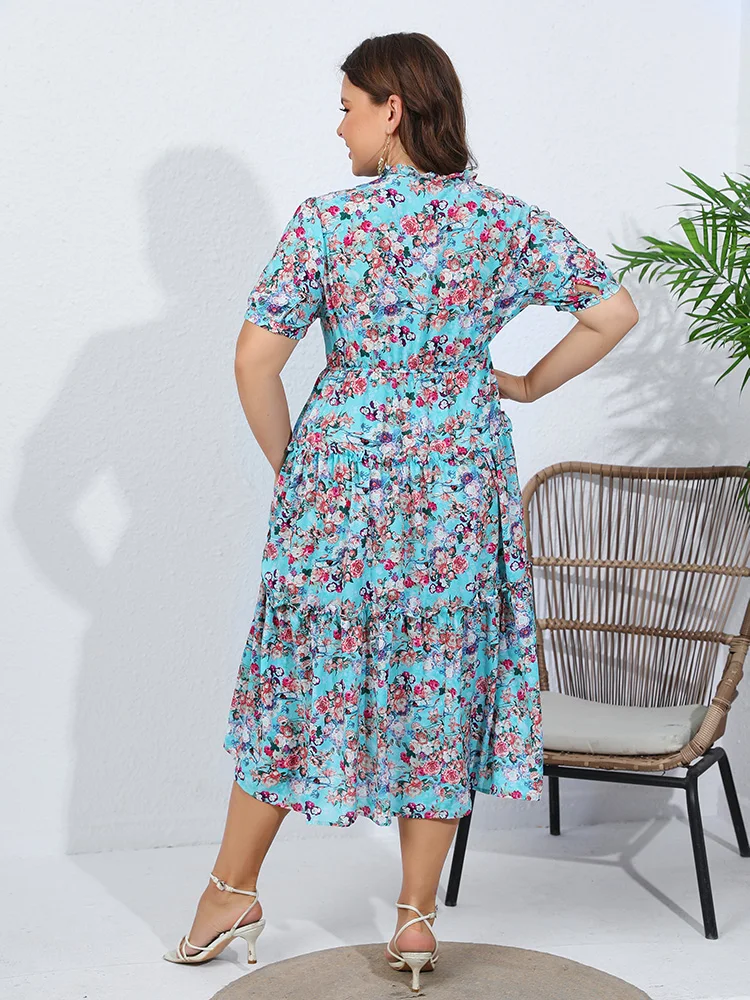 GIBSIE-Robe longue en mousseline de soie, grande taille, manches bouffantes, imprimé floral, vacances d\'été, Boho, plage, ourlet à volants, robes