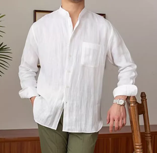 Breathable long sleeved shirt stand up collar shirt for men