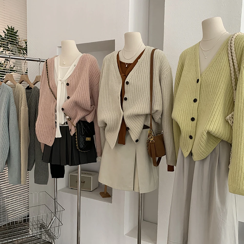 Frauen Solide Gestreiften Pullover Strickjacken Herbst Einfache V-ausschnitt Einreiher Lose Stricken Outer Weiche Alle-Spiel Pullover 18-24Y