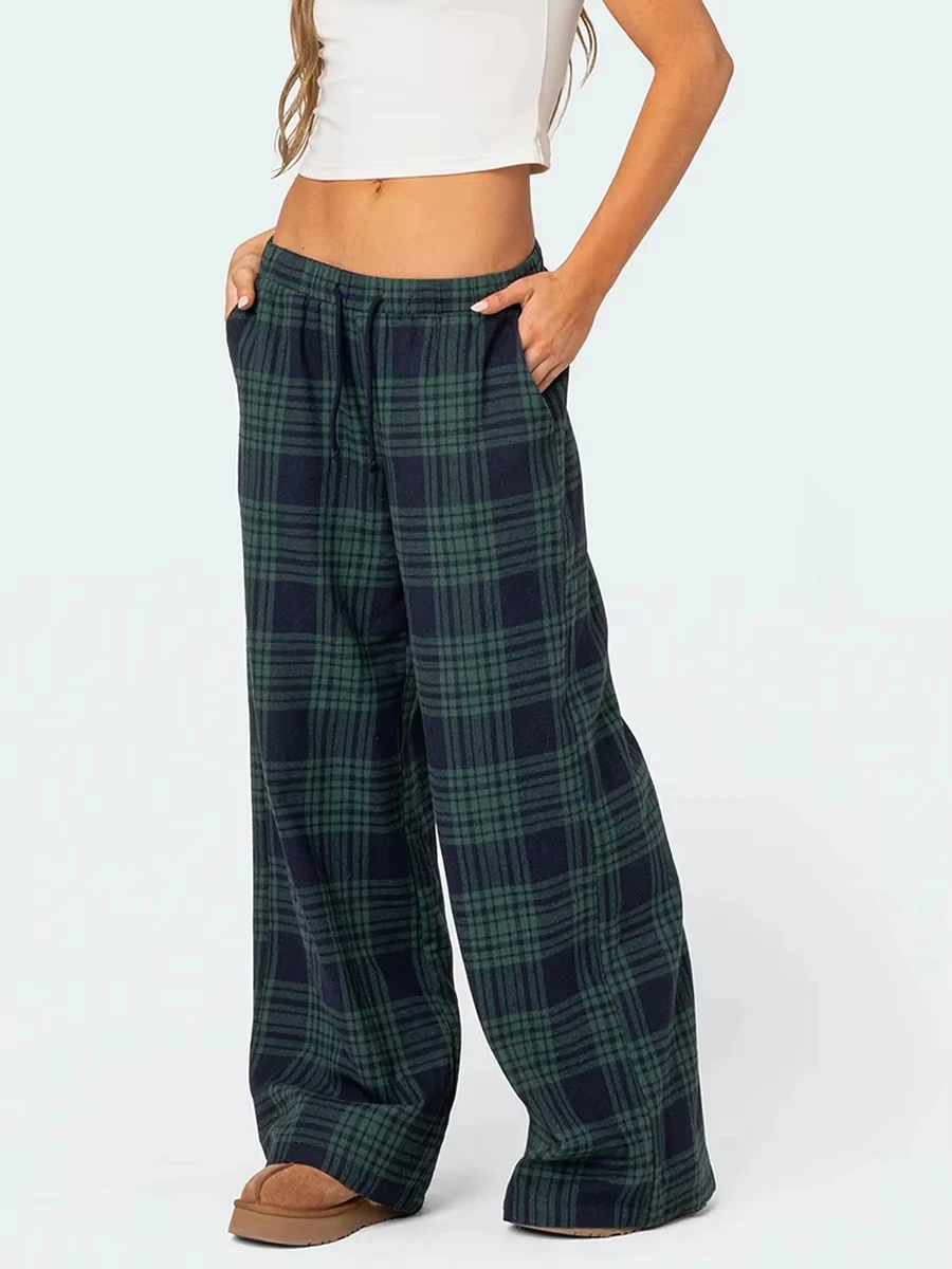 Women Y2k Oversize Pants Lounge Bottoms Fashion Plaid Casual Pants Elastic High Waist Casual Pockets Pajama Pants Homewear